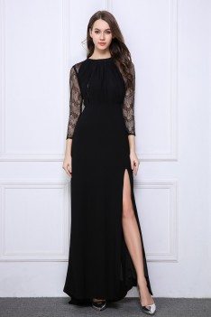 Black Lace Long Sheer Sleeve Slit Prom Dress