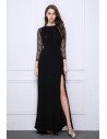 Black Lace Long Sheer Sleeve Slit Prom Dress