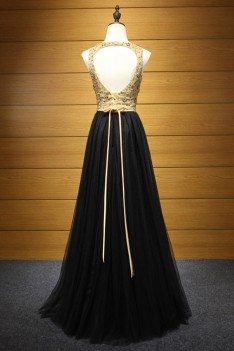 Backless Long Black Prom Dress With Gold Lace Beading Top - AKE18124