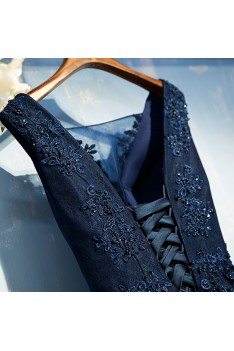 Gorgeous Navy Blue Long Prom Dress Cheap With Sequin Lace - MYX18092