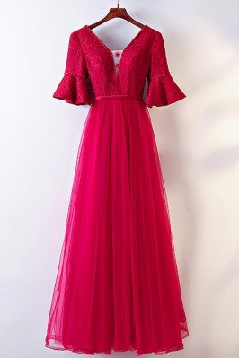 Burgundy A Line Long Formal Party Dress With Butterfly Sleeves - MYX18093
