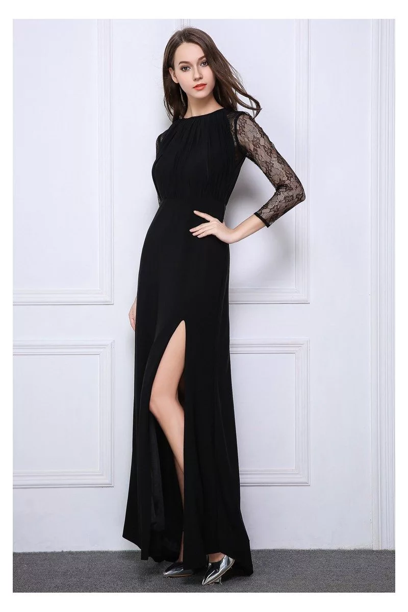 Black Lace Long Sheer Sleeve Slit Prom Dress - $99 #CK520 - SheProm.com