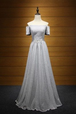 Shiny Grey Long Corset Formal Dress With Off Shoulder Sleeves - AKE18123