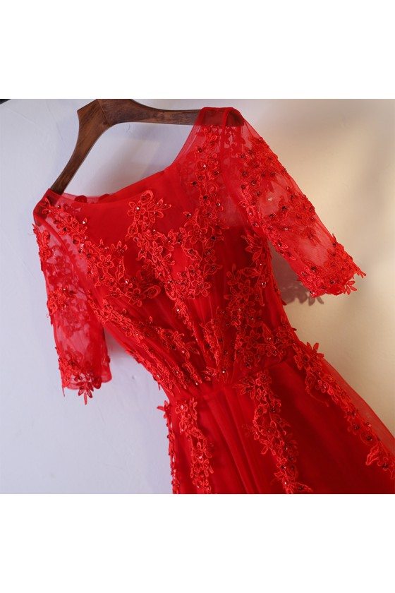 Short Red Lace Bridal Reception Dress With Short Sleeves - $108.9 # ...