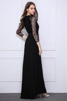 Black Lace Long Sheer Sleeve Slit Prom Dress - CK520