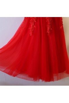 Short Red Lace Bridal Reception Dress With Short Sleeves - MYX18097