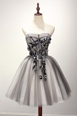 Strapless Short Tulle Grey Homecoming Dress With Black Beading Floral - AKE18122