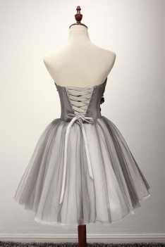 Strapless Short Tulle Grey Homecoming Dress With Black Beading Floral - AKE18122