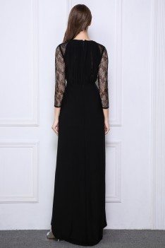 Black Lace Long Sheer Sleeve Slit Prom Dress - CK520