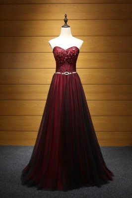 Black And Burgundy Long Formal Dress Tulle With Beaidng For Women - AKE18121