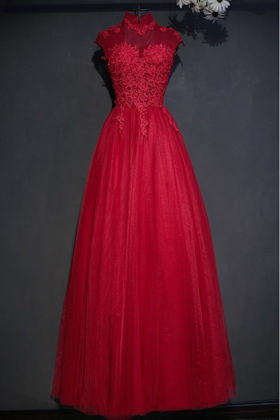 Vintage Lace High Neck Long Tulle Prom Party Dress Burgundy - MYX18102