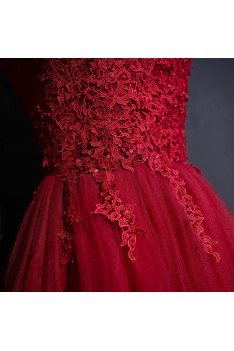 Vintage Lace High Neck Long Tulle Prom Party Dress Burgundy - MYX18102