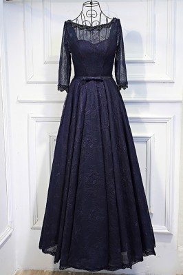 Vintage 3/4 Sleeve Navy Blue Long Prom Dress Lace With Corset Back - MYX18103