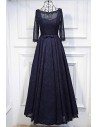 Vintage 3/4 Sleeve Navy Blue Long Prom Dress Lace With Corset Back - MYX18103