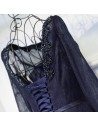 Vintage 3/4 Sleeve Navy Blue Long Prom Dress Lace With Corset Back - MYX18103