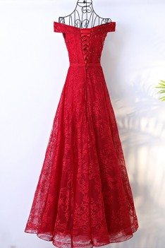Red Long Lace Formal Party Dress With Off Shoulder - MYX18105