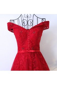 Red Long Lace Formal Party Dress With Off Shoulder - MYX18105