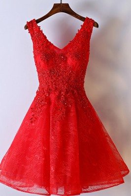 Gorgeous Short A Line Red Party Dress V-neck With Lace - MYX18106