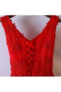 Gorgeous Short A Line Red Party Dress V-neck With Lace - MYX18106