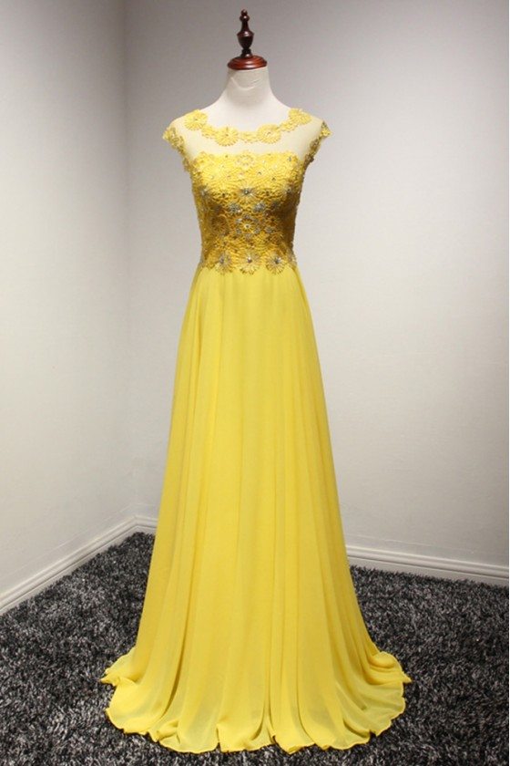 Flowy Long Chiffon Prom Dress In Yellow With Lace Beading Top - AKE18118