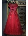Modest Burgundy A Line Formal Lace Party Dress With Short Sleeves - MYX18108