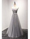 Elegant Grey Long Prom Dress 2018 Tulle With Beading Lace - AKE18116