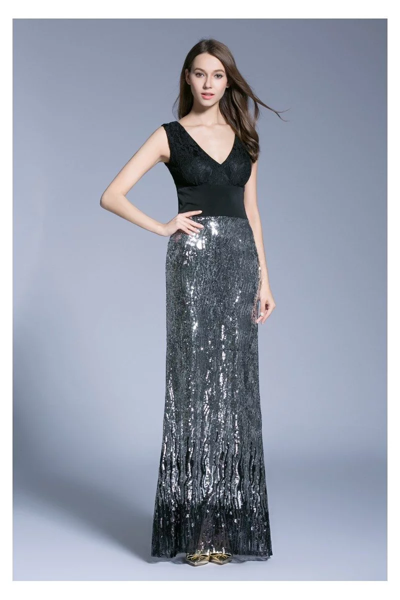 Black Double V-neck Sequin Long Evening Dress - $95 #CK525 - SheProm.com