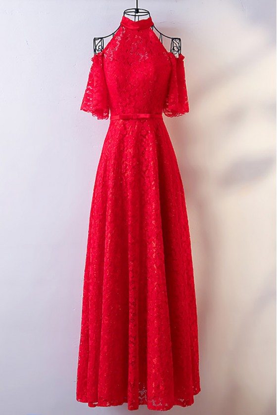 Gorgeous Long Red Lace Formal Party Dress High Neck With Cold Shoulder - MYX18113