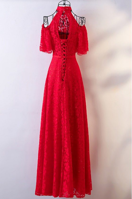 Gorgeous Long Red Lace Formal Party Dress High Neck With Cold Shoulder ...