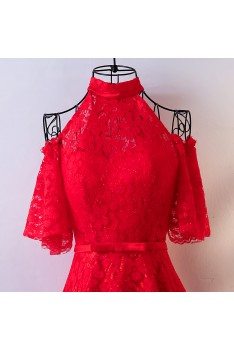 Gorgeous Long Red Lace Formal Party Dress High Neck With Cold Shoulder - MYX18113