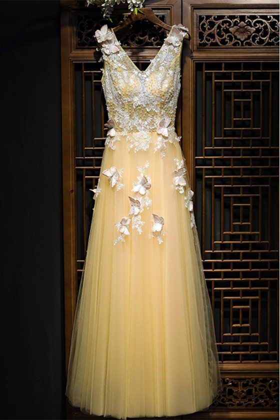 Flowy Long Champagne Tulle Prom Dress With Lace Butterflies - MYX18116