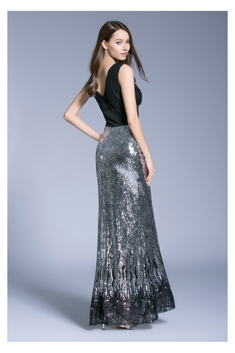 Black Double V-neck Sequin Long Evening Dress - $89.3 #CK525 - SheProm.com
