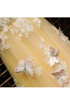 Flowy Long Champagne Tulle Prom Dress With Lace Butterflies - MYX18116