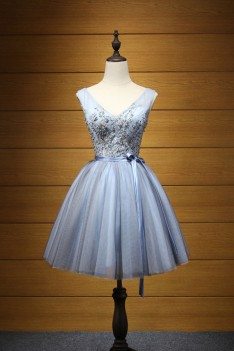 Blue-grey Embroideried Beaded Homecoming Dress Short Country - AKE18113