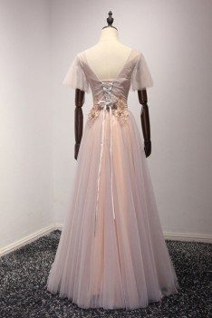 Applique Beading Long Pink Formal Dress With Short Puffy Sleeves - AKE18112