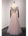 Applique Beading Long Pink Formal Dress With Short Puffy Sleeves - AKE18112