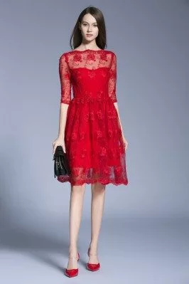 Little Red Lace Half Sleeve Party Dress