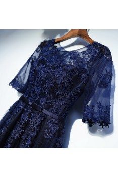 Navy Blue Lace Short Sleeve Long Formal Dress For Less - MYX18120
