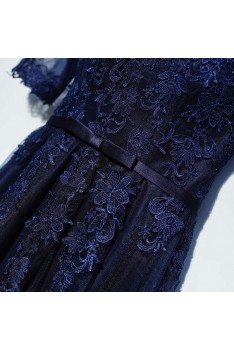 Navy Blue Lace Short Sleeve Long Formal Dress For Less - MYX18120