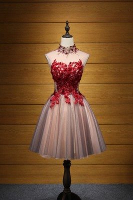 Modest Short Floral Homecoming Prom Dress With Red Lace Beading - AKE18111