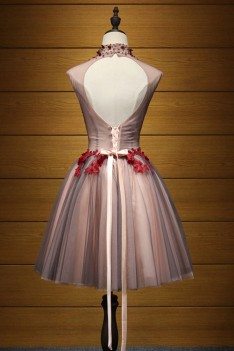 Modest Short Floral Homecoming Prom Dress With Red Lace Beading - AKE18111