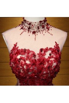 Modest Short Floral Homecoming Prom Dress With Red Lace Beading - AKE18111