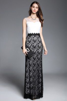 Black And White Lace V-neck Long Party Dress