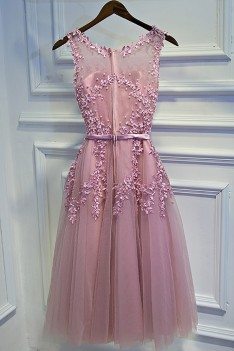 Pretty Pink Lace Short Party Dress Sleeveless With Appliques - MYX18121