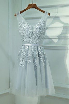 Silver V-neck Short Lace Reception Party Dress V-neck - MYX18122
