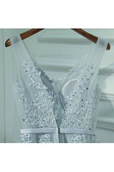 Silver V-neck Short Lace Reception Party Dress V-neck - MYX18122
