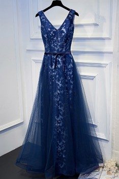 Unique Navy Blue Long Lace Prom Dress V-neck With Sash - MYX18123