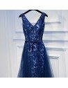 Unique Navy Blue Long Lace Prom Dress V-neck With Sash - MYX18123