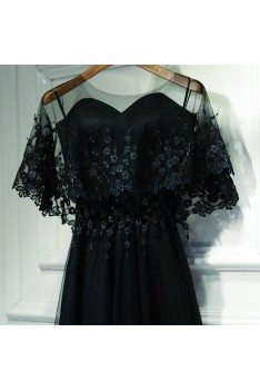 Classy Long Black Lace Formal Dress With Butterfly Sleeves - MYX18127