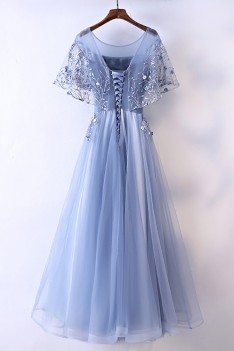 Different Blue Cap Sleeve Long Party Dress For Formal - MYX18136